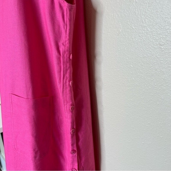 Denim and Co Linen Blend Jumper Dress Pink Maxi Button Side Pockets Women Small - Picture 3 of 13
